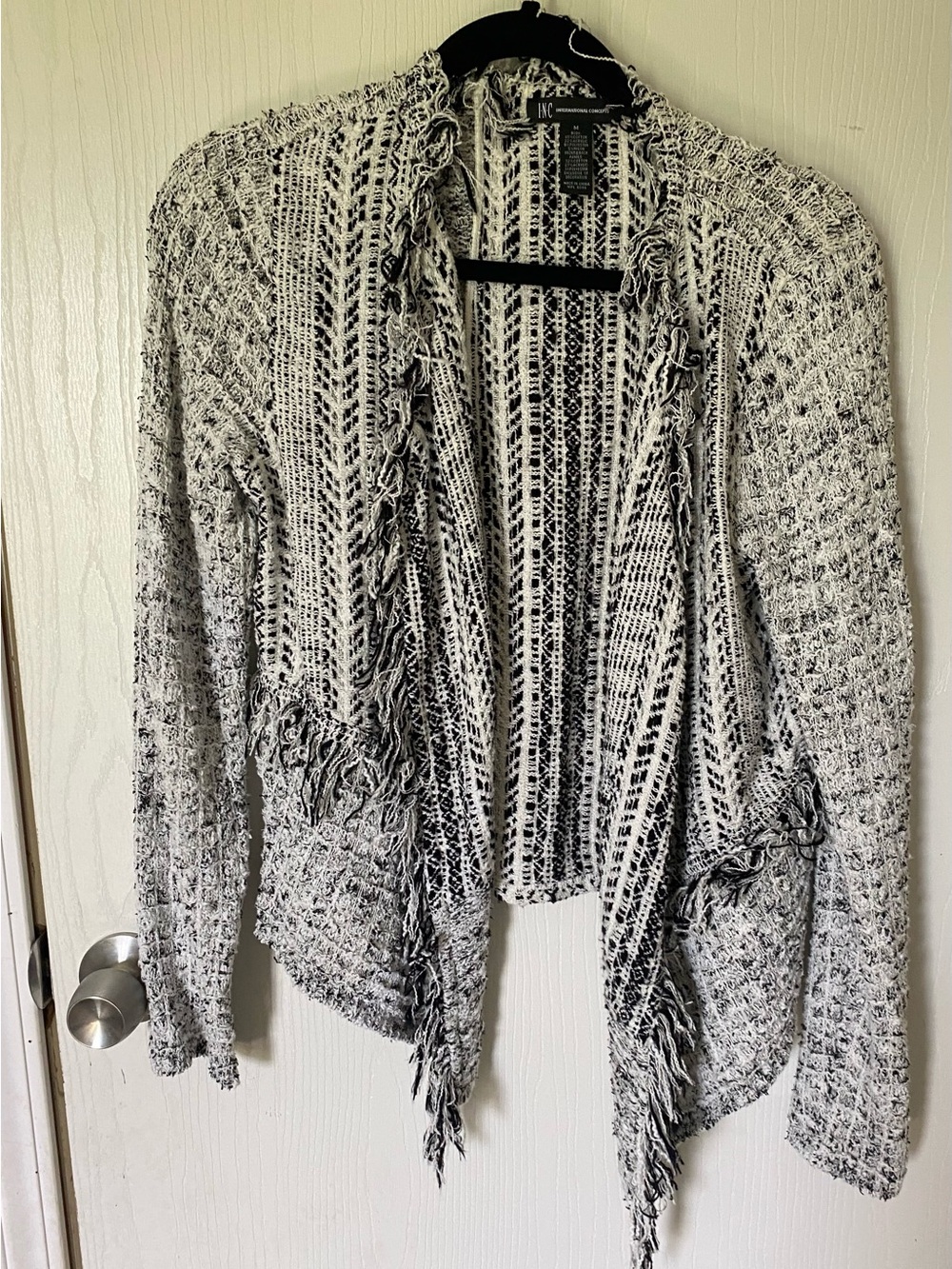 INC Open-Front Fringe Knit Sweater Cardigan - White & Black